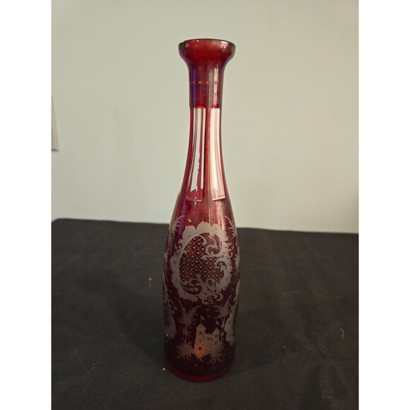 Bohemian Czech Ruby Red Hand Blown Cut to Clear Egermann-style Decanter w/ Label - Picture 9 of 9
